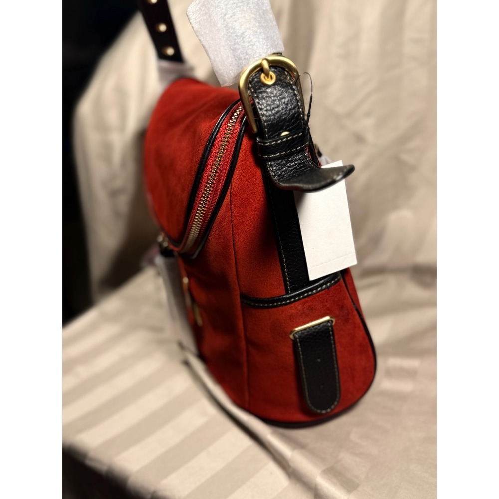 Maxx New York Signature Red Suede Black Leather Trim Shoulder Bag Hobo NWT - Picture 3 of 9